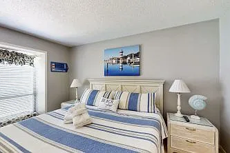 Master Bedroom with King Bed, Master Bath, and TV. Two Closets.