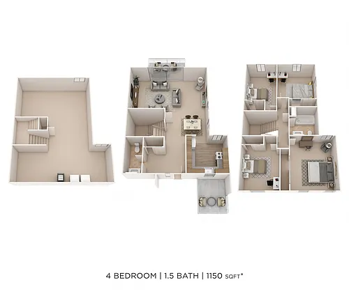 Floor plan Four Bedroom 1.5 Bath Townhome