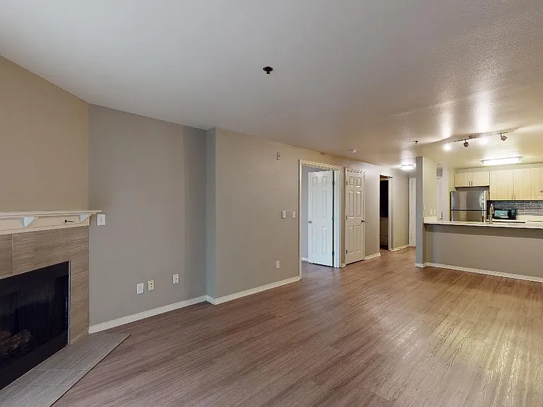 Apartment kitchen with stainless steel appliances, dining and living room with wood-style flooring.