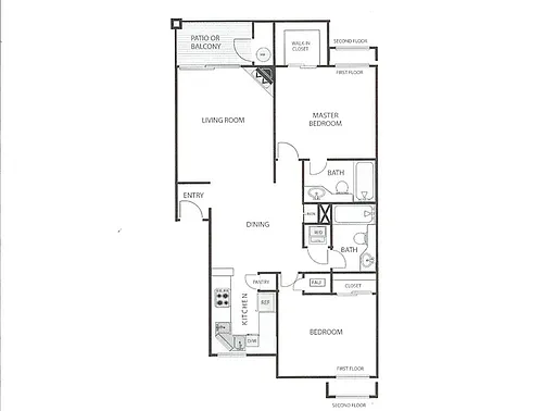 Floor plan 2 Bedroom, 2 Bath-Upstairs w/Balcony (B)