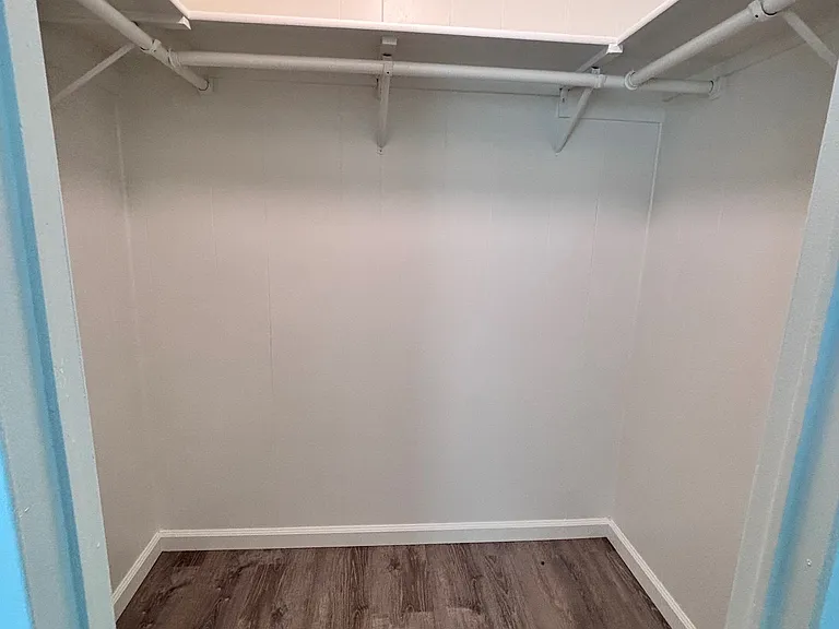 Spacious closet: plenty of hanging, shelving, eliminates clutter.