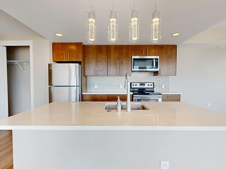 Apartment kitchen with stainless steel appliances, quartz countertops, and wood-style flooring.