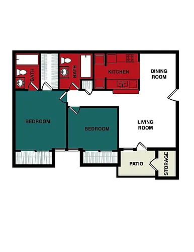 Floor plan 2 Bed 2 Bath - Westminster (915 sq ft)