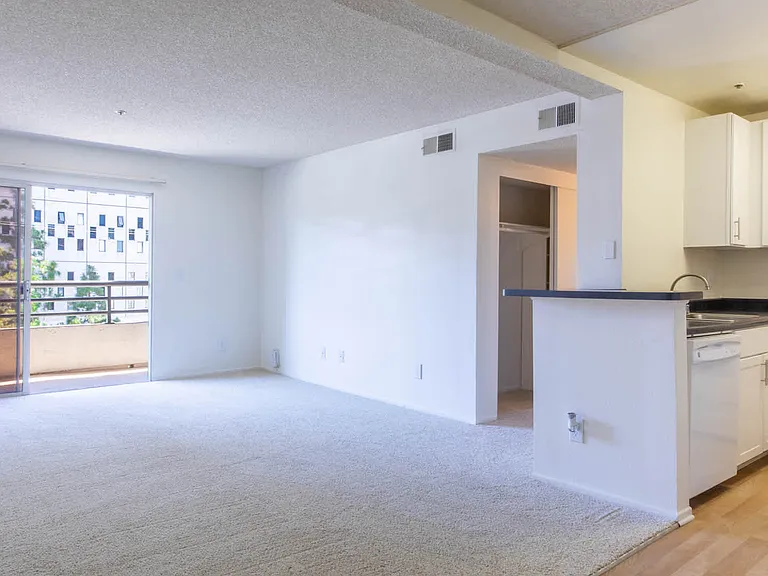 Kitchen and Carpeted Living Room with Balcony