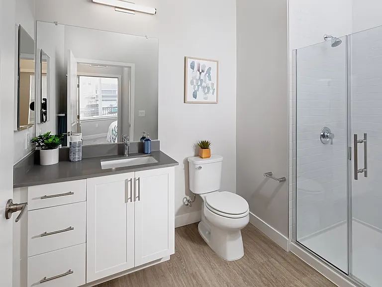 Renovated Package II bath with white cabinetry, grey quartz countertop, and hard surface plank flooring