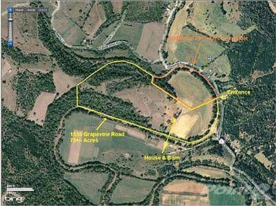 Approximate boundaries of farm at 1530 Grapevine Rd, Harrodsburg, KY 75+/- acres are shown in yellow