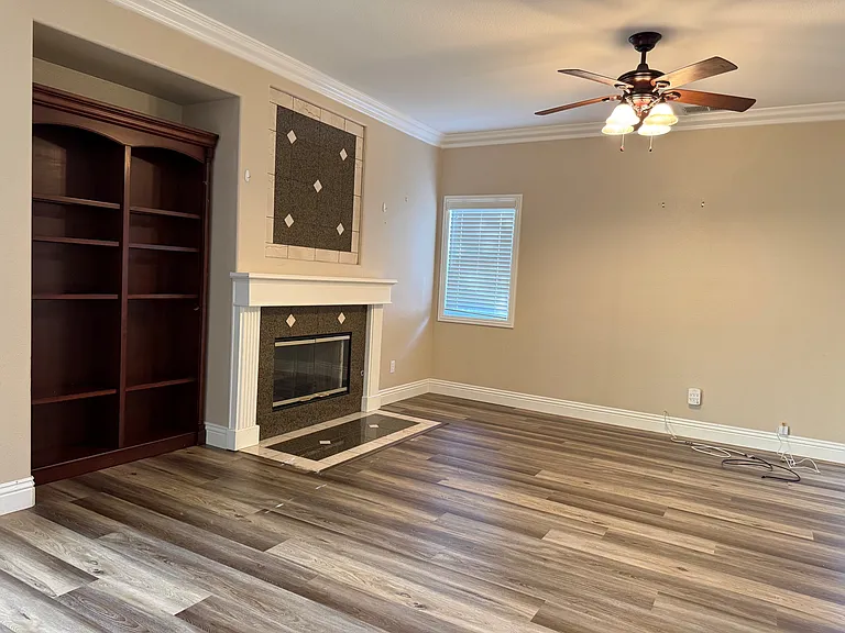 Family room with fireplace.