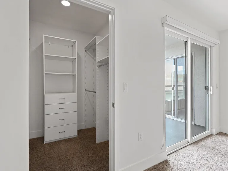 Bedroom with Walk-In Closet with Built-In Organizers and Patio