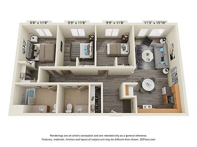 Floor plan 3 Bedroom 1.5 Bath 60 Percent AMI