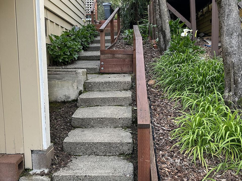 Stairs to and from front door. At top is private off-street parking