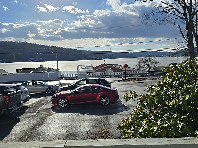 Lake view from front deck outside 101. Private, posted parking lot