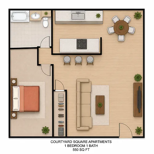 Floor plan 1 Bedroom 1st Floor with Patio