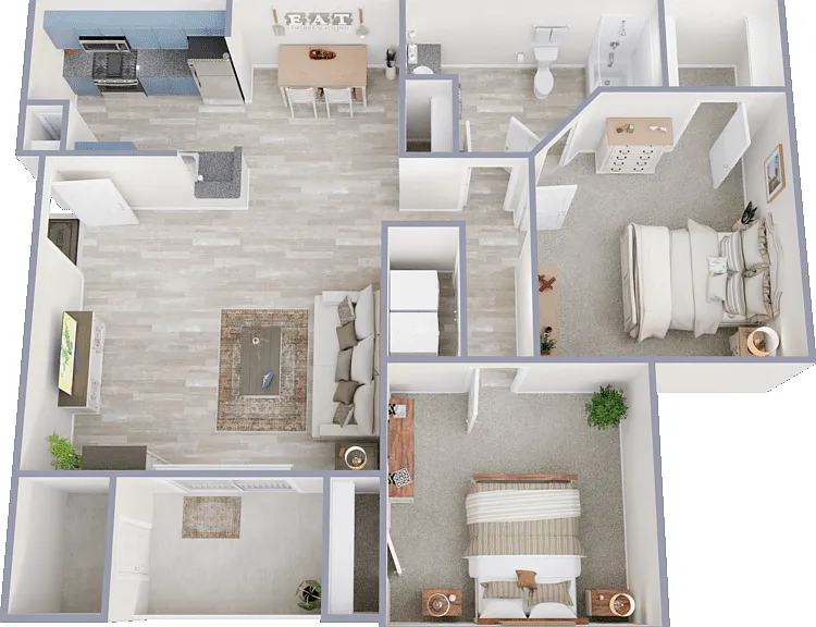 2 Bed 1 Bath Floorplan Diagram