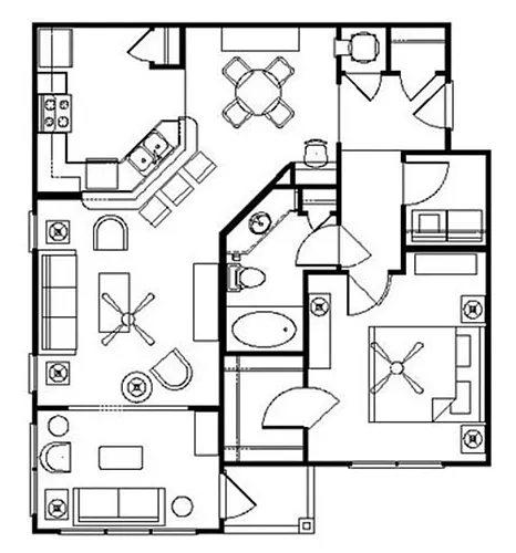 Floor plan One Bedroom with Sunroom and Patio