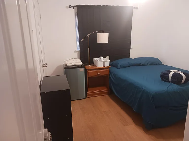 Huge step-in closet on the left with 6-cube storage shelf. High-grade lamp with electric plug-in and USB charging.