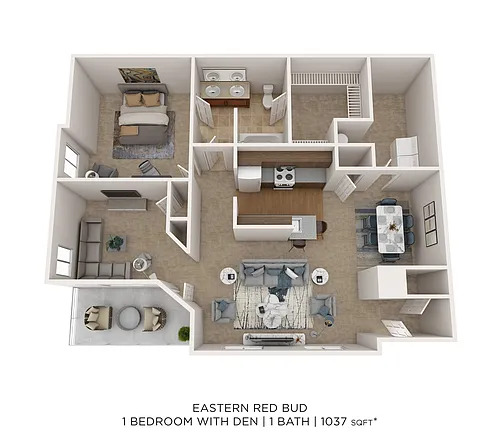 Floor plan Eastern Red Bud - 1 Bedroom w/ Den 1037 SqFt
