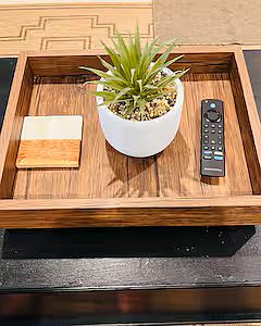 Living room remote and tray.