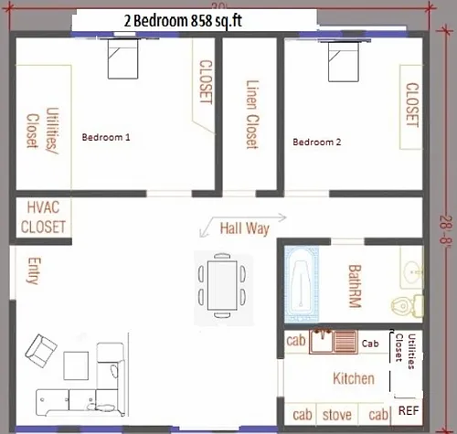 Floor plan 2 beds 1 bath