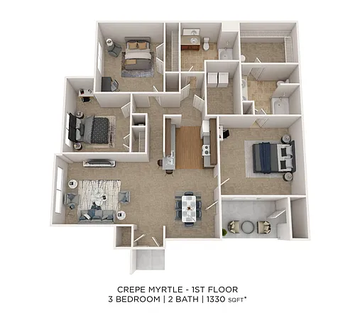 Floor plan Crepe Myrtle - 3 Bedroom 2 Bath 1330 SqFt