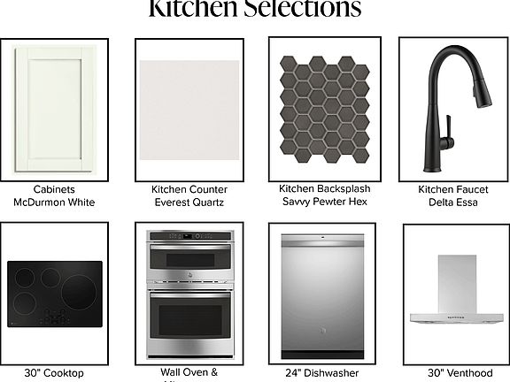 A grid of kitchen renovation selections including white cabinets, quartz countertop, dark hexagon ba