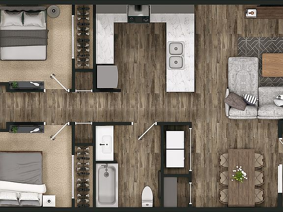 2 Bed 1 Bath Layout A, ADA - Overhead