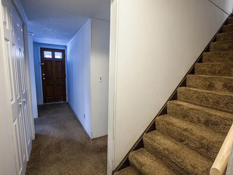 Stairs to basement and door to backyard