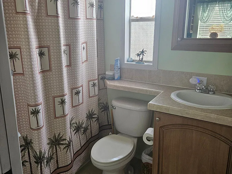 Large tub/ shower combo, as curved shower rod, tall dual shower head hand-held combo, suitable for tall person 6' plus - large cabinet to right of sink for towels storage etc, in addition to the mirrored cabinet above the sink