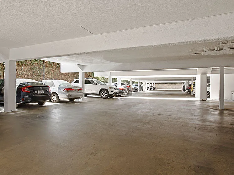 Large covered parking lot at National Apartments.