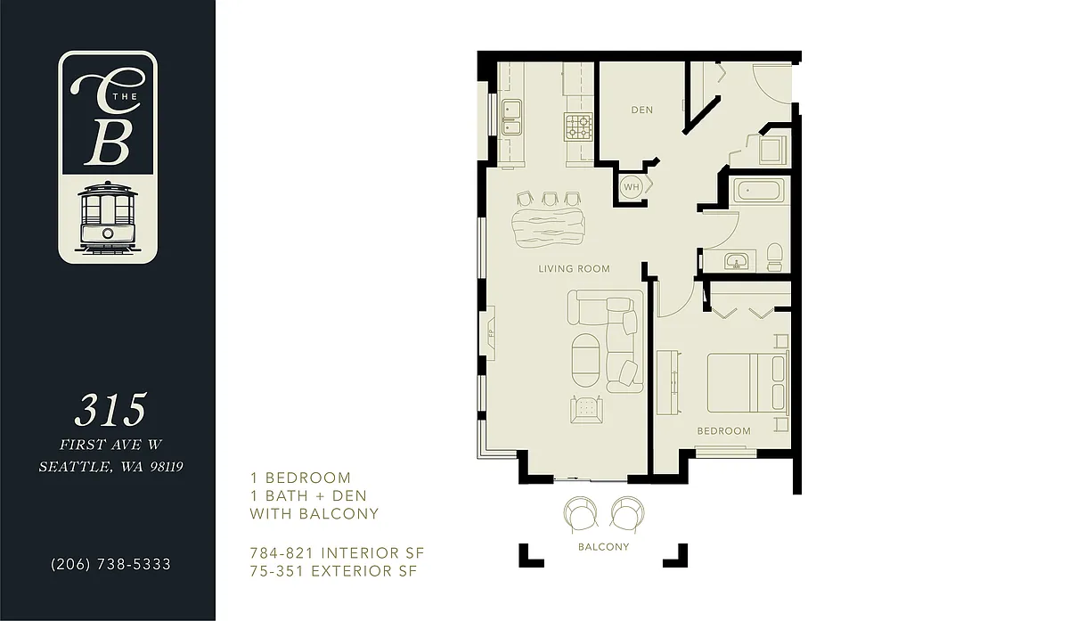 Floor plan 1 Bed 1 Bath with Den