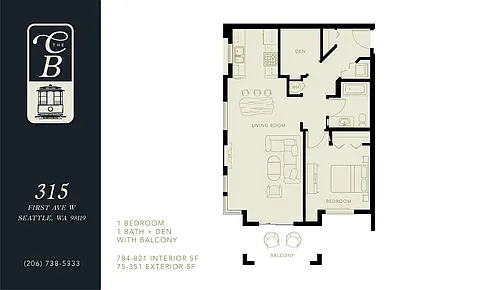 Floor plan 1 Bed 1 Bath with Den
