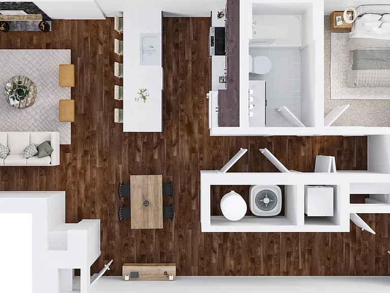 One-Bedroom, One-Bathroom Floor Plan Rendering One-Bedroom, One-Bathroom Floor Plan Rendering