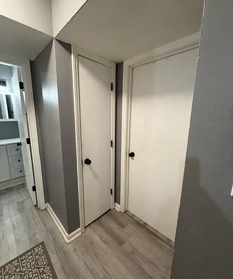 Hallway area with gray walls, wood-look flooring, and double doors offering convenient storage near the bathroom.