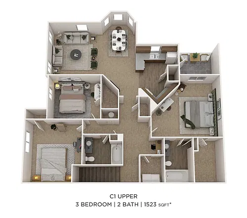 Floor plan Three Bedroom 2 Bath- Upper Level