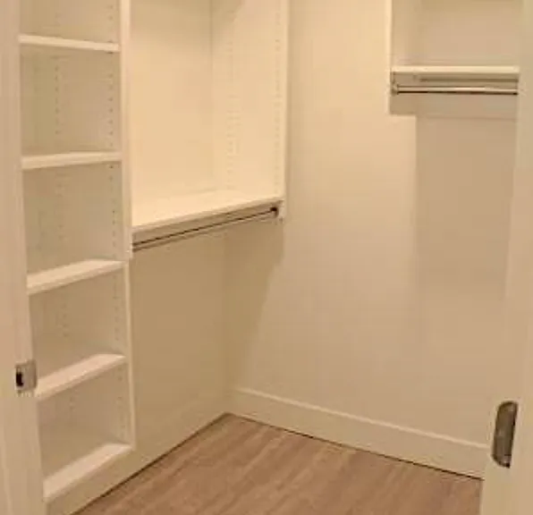 Partial view of primary bedroom closet. There is also a a small built in dresser that is out of view to the right