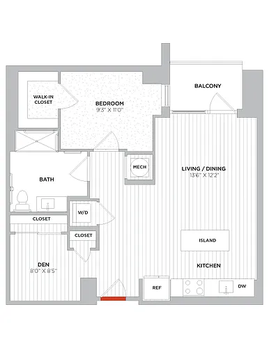 Floor plan 1 Bed/1 Bath Den-B01 Type A West