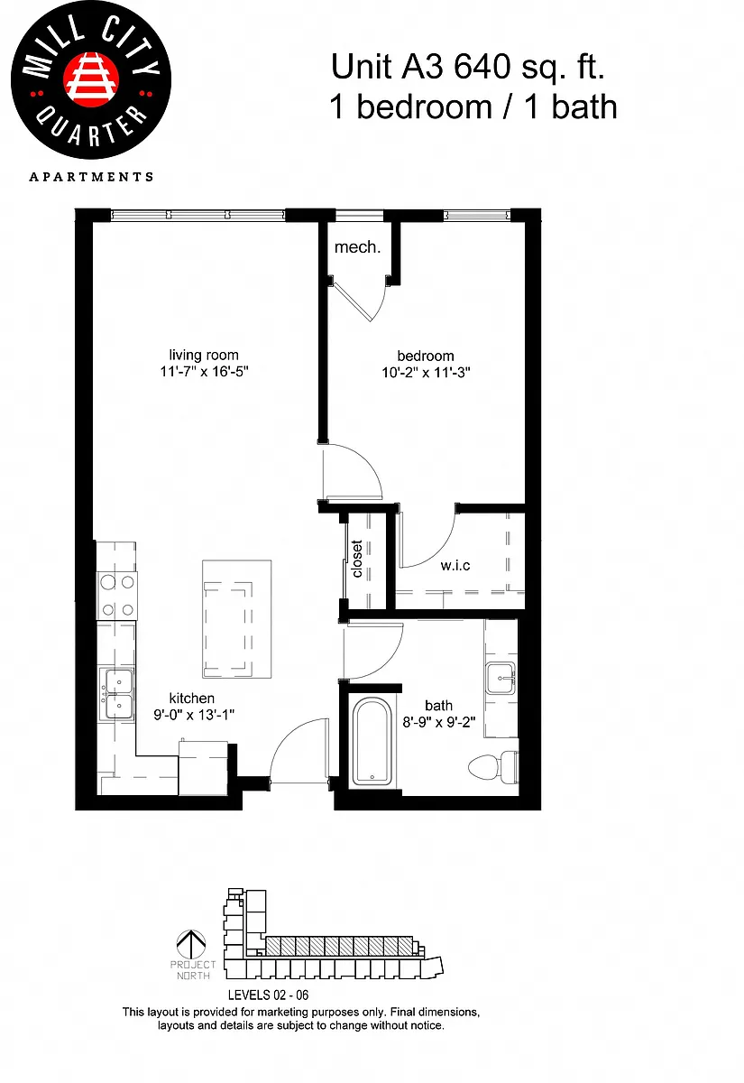 Floor plan 1 Bedroom A3 60%