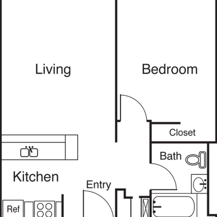 1 Bed 1 Bath B Floorplan Diagram