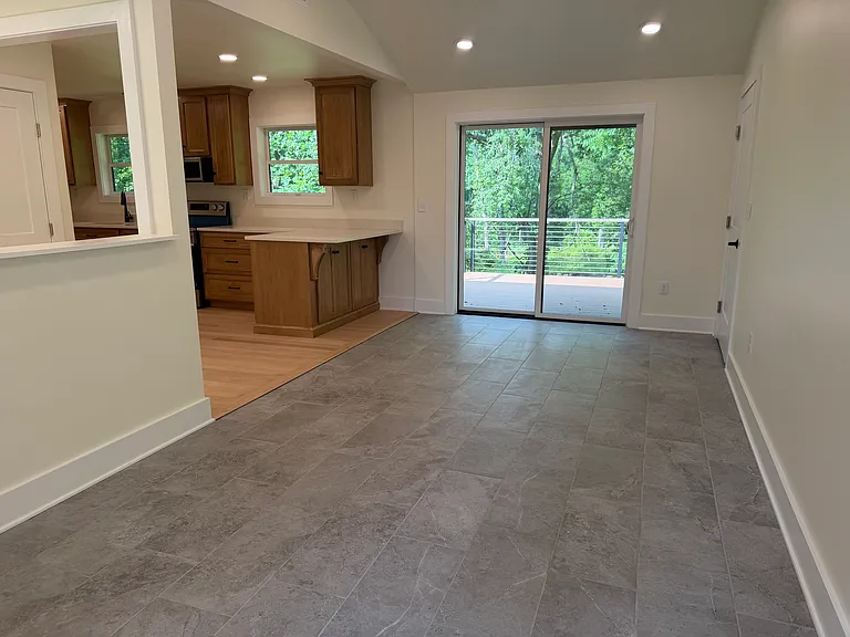 Dining area with view to deck