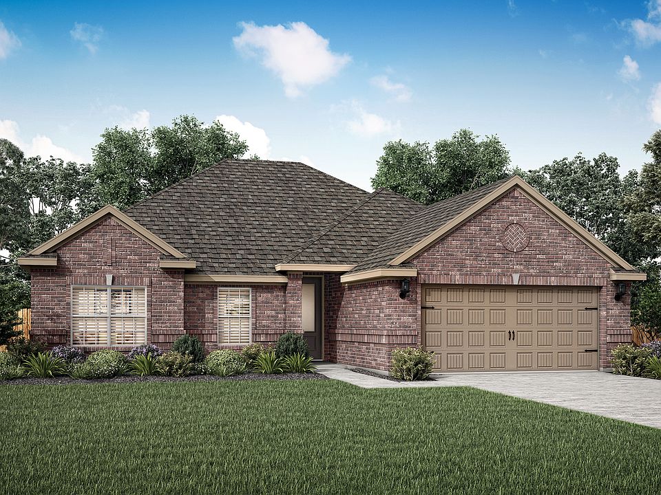 The Hendrie is a single story home with brick.