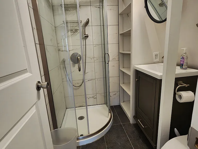 Bathroom with new glass-door shower and dual shower heads, shelfing, cabinet and mirror and toilet. Bathroom has ceiling humidity extractor and 2 light fixtures.