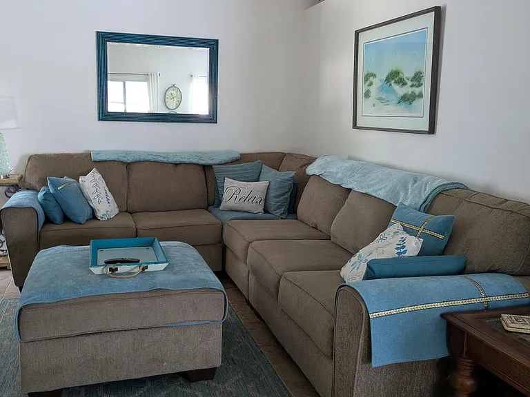 Living room comfy modular couch 
New 50+ screen TV 2024