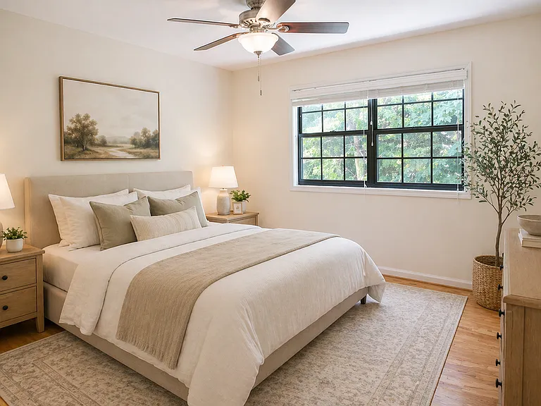 One of the 2, BIG upstairs bedrooms! Both bedrooms have ceiling fans. (Virtually staged!)