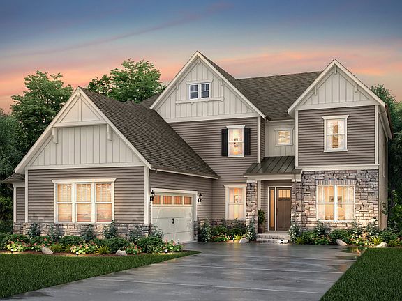 Harrington Exterior 4 features siding, stone accents, covered front door and 2 car courtyard garage