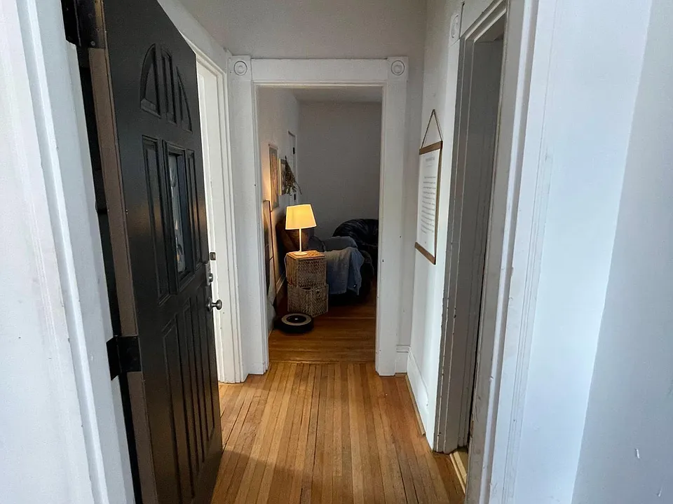 Entry way to apartment, main bedroom to the left, living room straight ahead, kitchen and second bedroom to the right