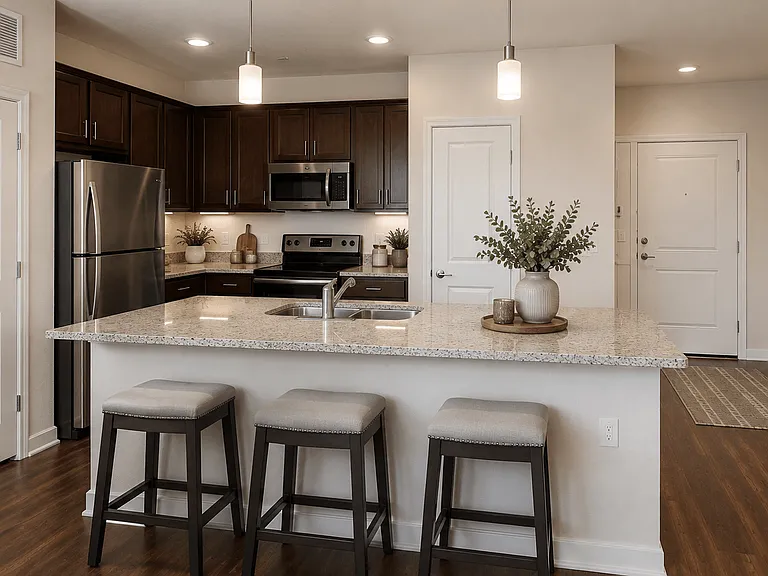 ather around the kitchen island in this open and inviting apartment home.