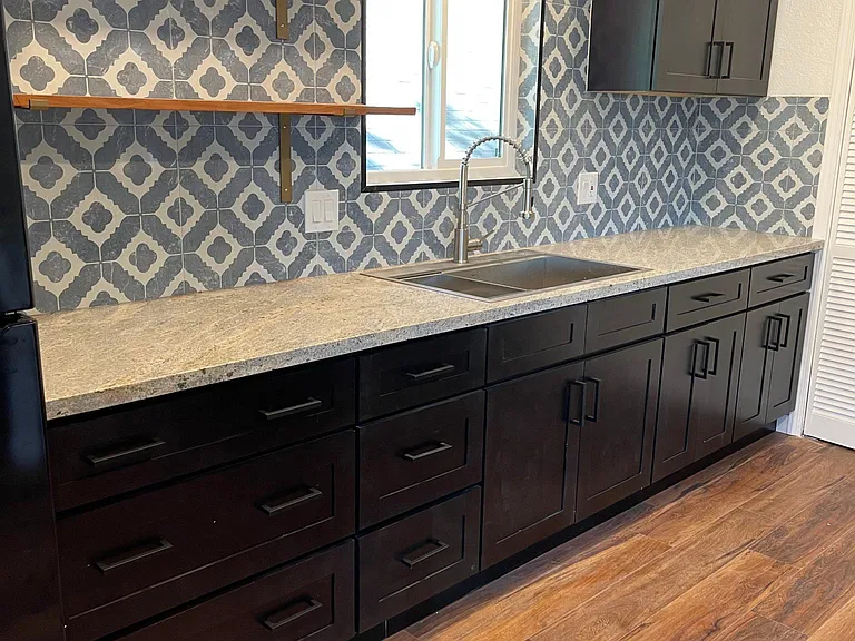 Plenty of counter space. Open shelving.