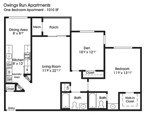 Floor plan 1BR 2BA w/Den (1010 sf)
