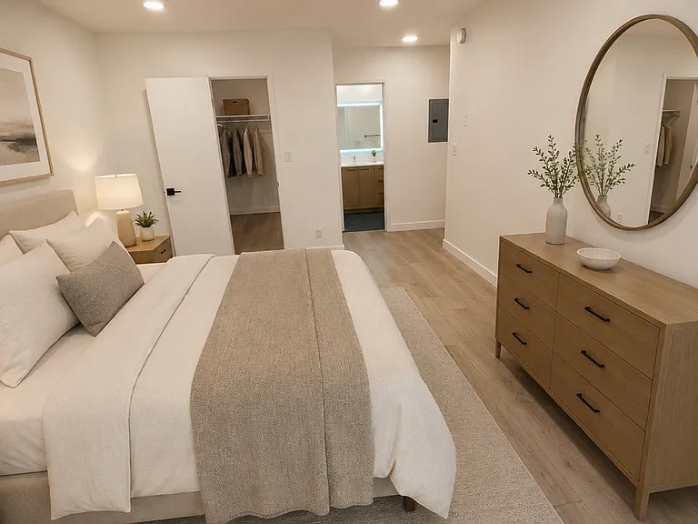 Large primary bedroom looking towards in suite bathroom