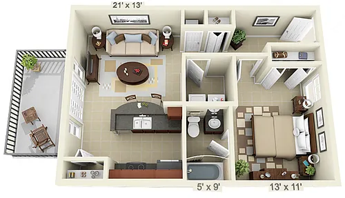 Floor plan 1 Bed 1 Bath - Large