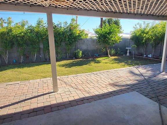 Large, covered patio. Lush backyard including lime and pomegranate fruit trees
